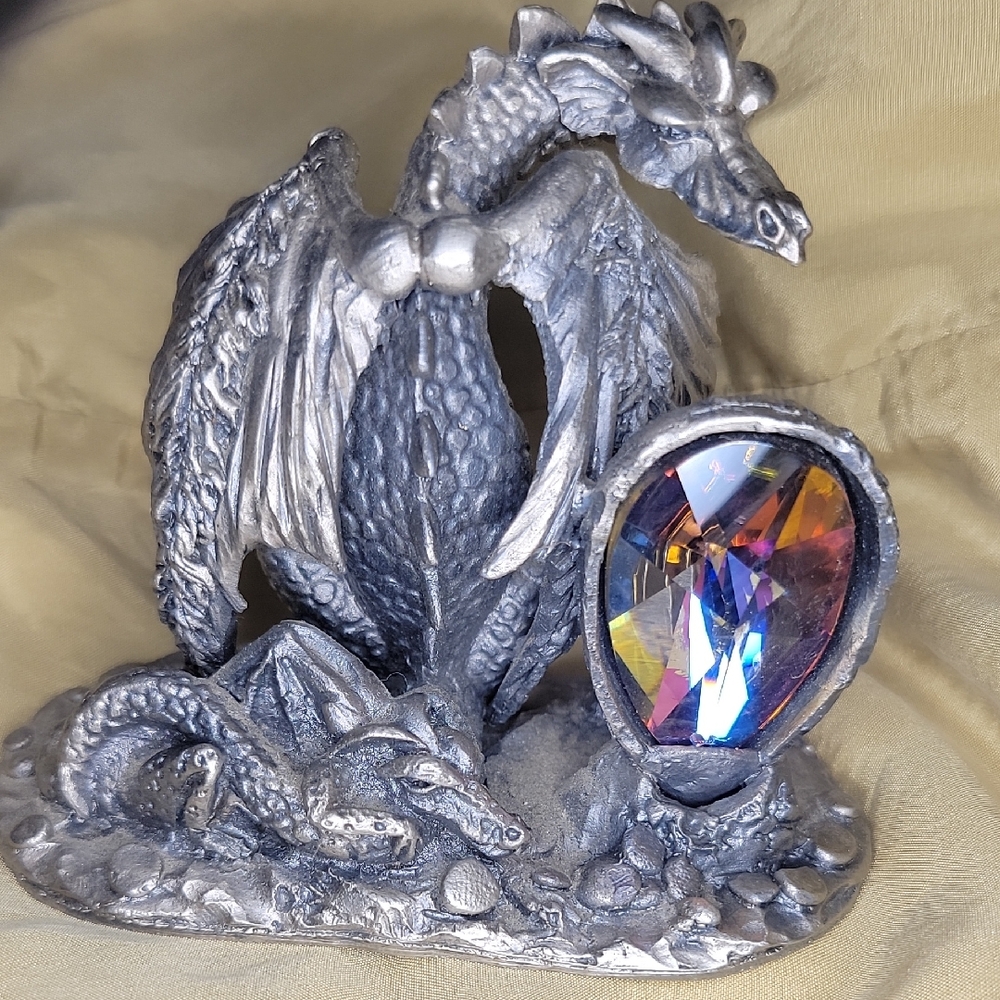 Silver Dragon Figurine with Multicolor Gem